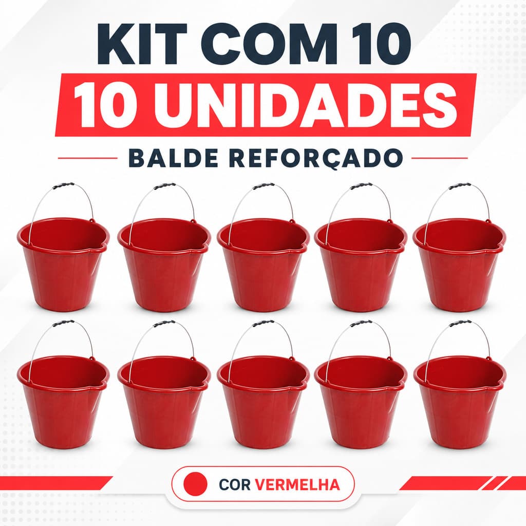 Kit 10 Baldes Vermelhos Reforçados com Bico e Alça