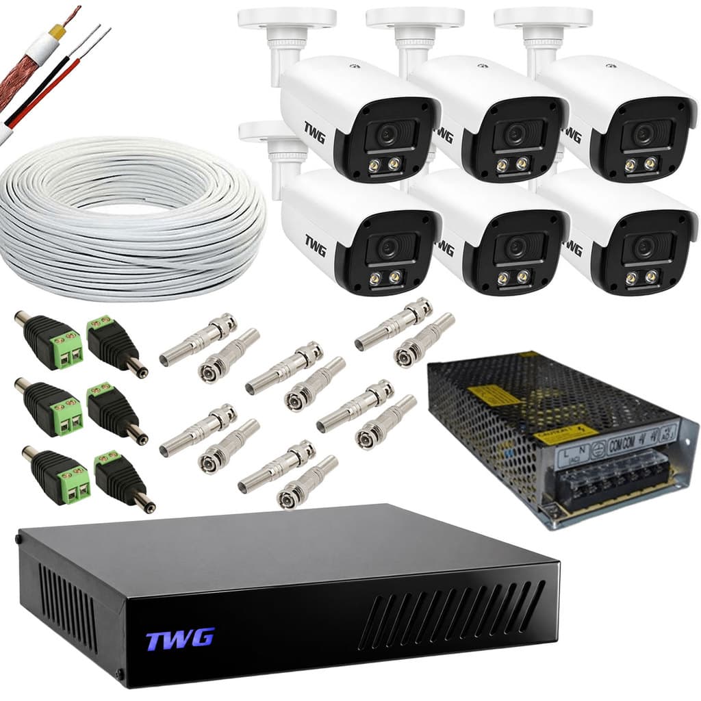 KIT CFTV 6 CAMERAS 2MP 20M IMAGENS NOTURNAS COLORIDAS DVR 8 CANAIS COM FT 10A SEM HD