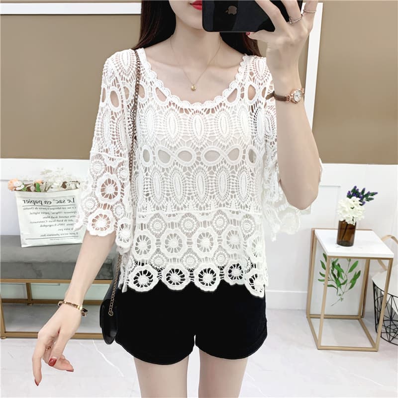 K malhas femininas verão jaqueta fina 2026 novo estilo meia manga solta oco crochê blusa meia manga camisa de renda topo
