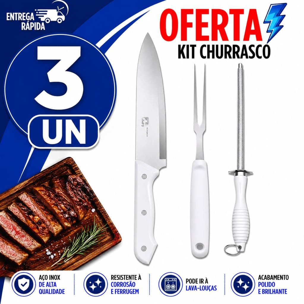 CONJUNTO CHURRASCO PREMIUM FACA 8'' CHAIRa AFIADOR E GARFO TRINCHANTE