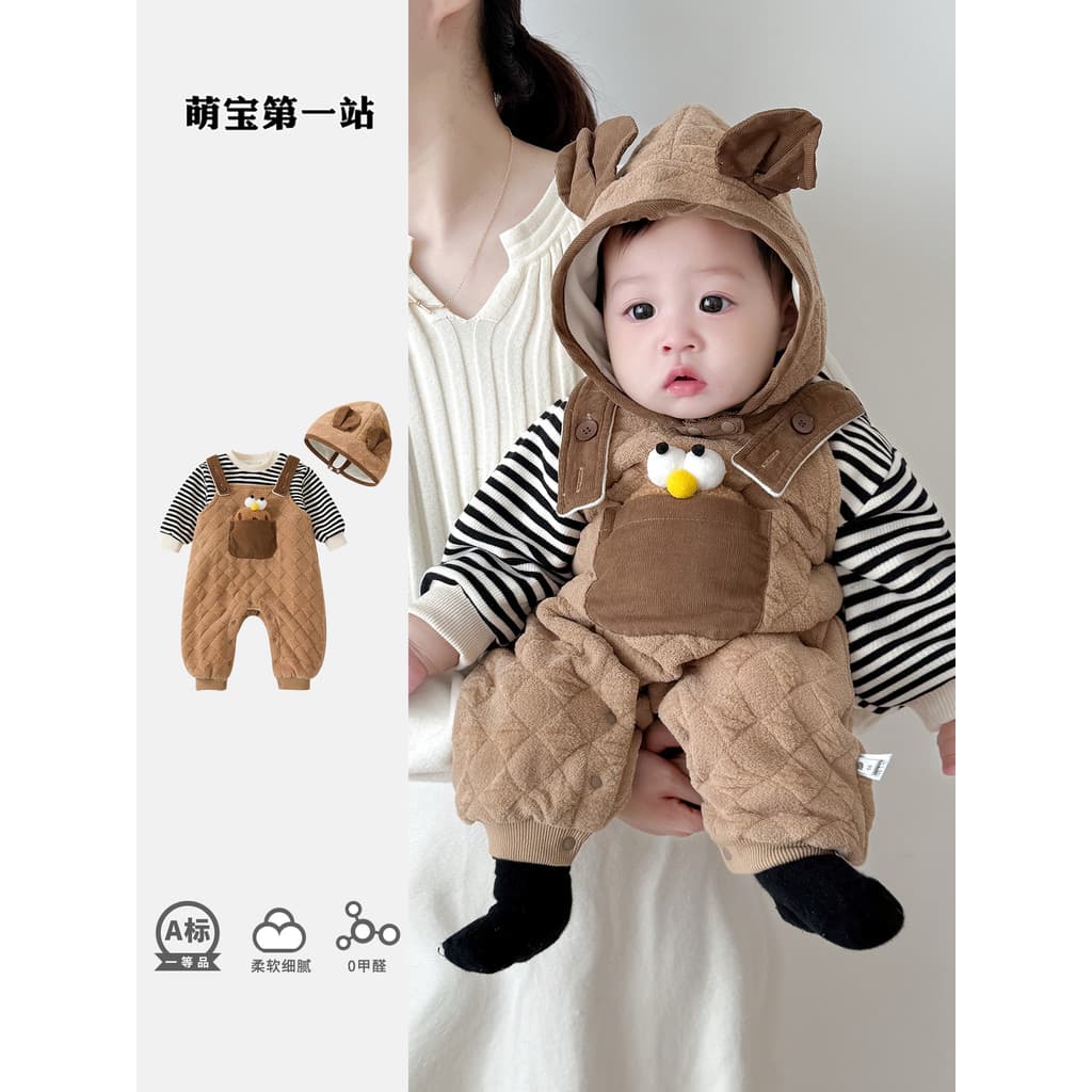 Versão coreana roupas de bebê outono inverno bebê menino velo macacão terno bonito Super bonito quente dividir roupas de