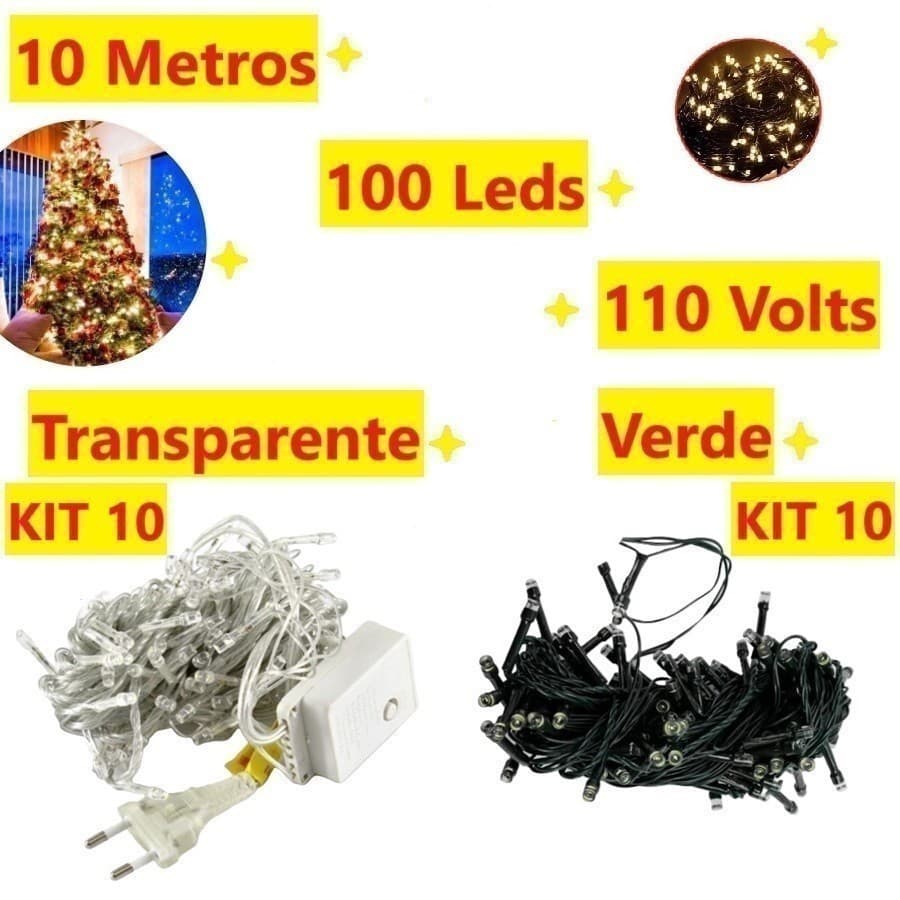 Kit 10 Caixa 100 Leds Pisca 10M 110V Natalino Fio Verde Ou Transparente Decorativo Multicolorido