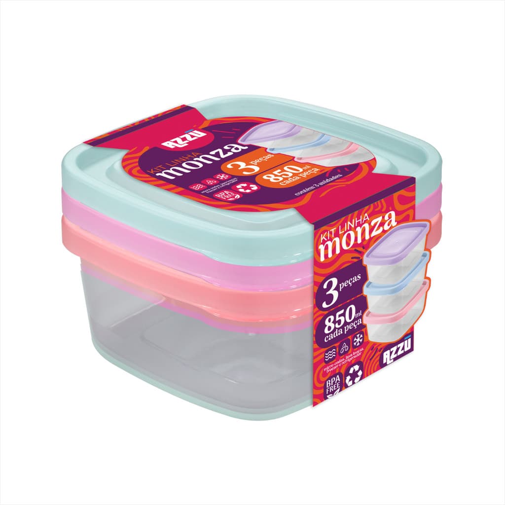 Kit 3 Potes De Plástico Quadrado 850ml Micro-ondas Freezer Mantimento Marmita Cor Sortida