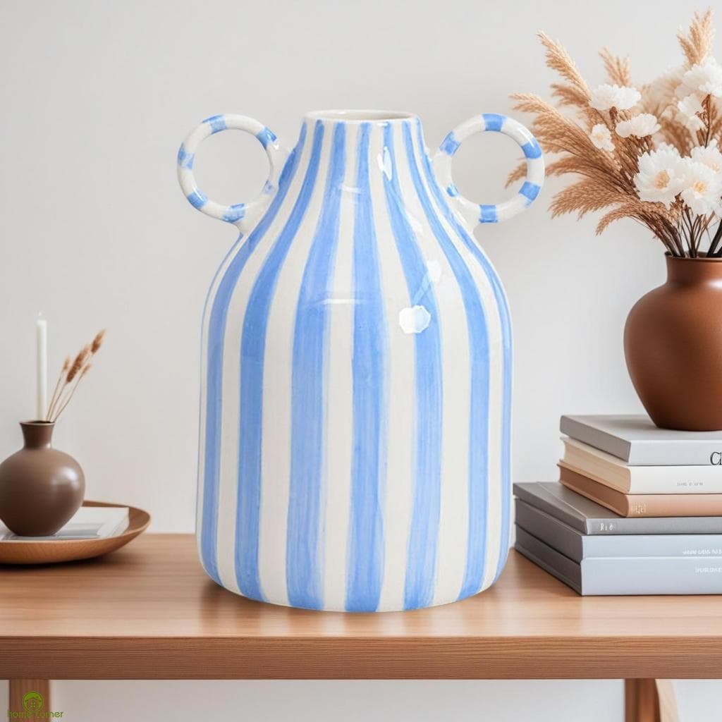 Vaso De Cerâmica Vintage Com 2 Orelhas Listrado Design Decorativo Flores Para Decoração De Sala De Estar De Escritório D