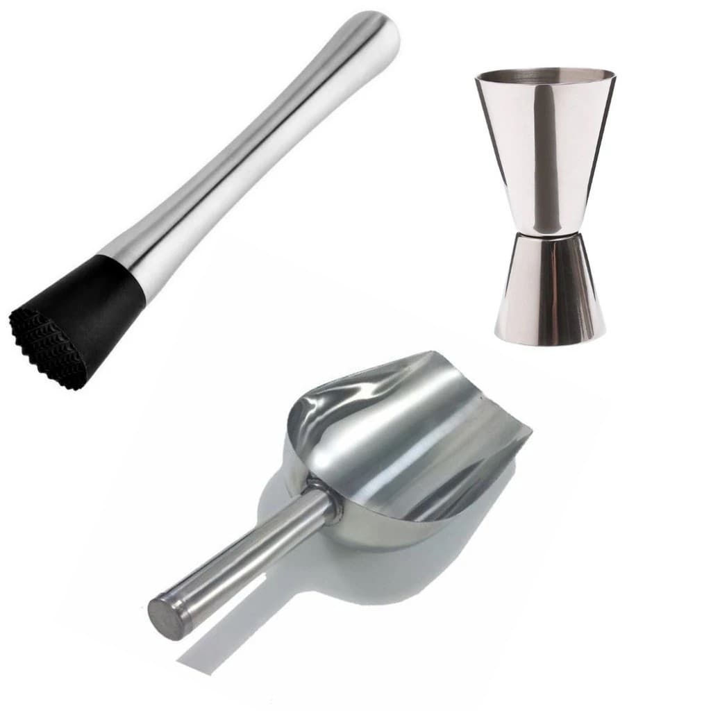 Kit 3 ou 1 item Barman Inox Dosador Duplo, Pá Gelo, Socador Macerador Coquetéis em inox PREMIUM