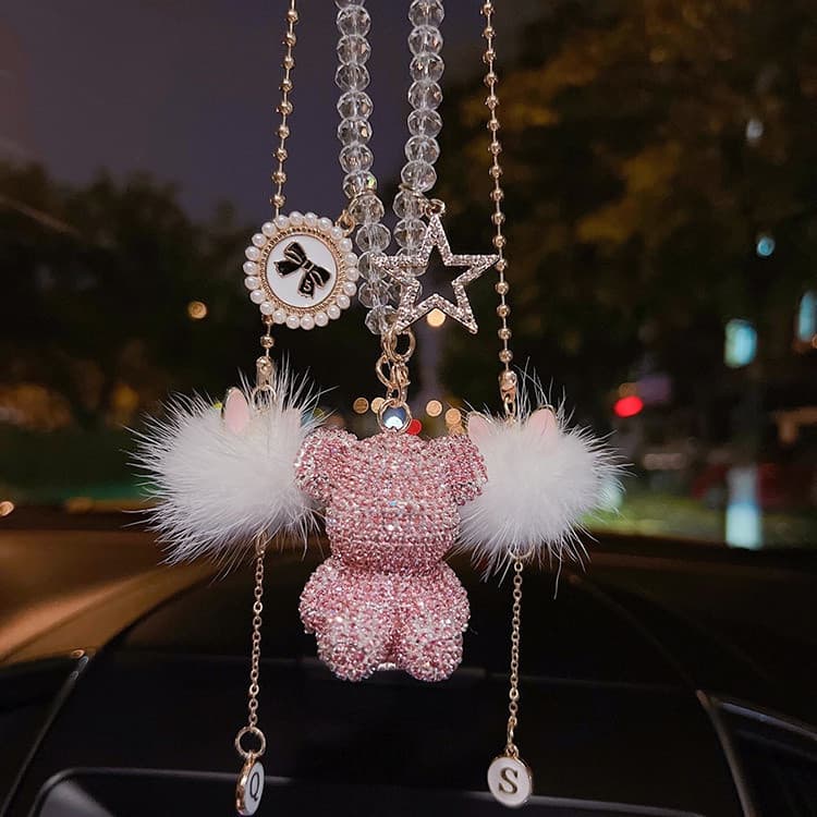 Diamante Sentado Urso Carro Pingente Personalidade Criativa + Branco Vison Cabelo Espelho Retrovisor Do Moda Mulher