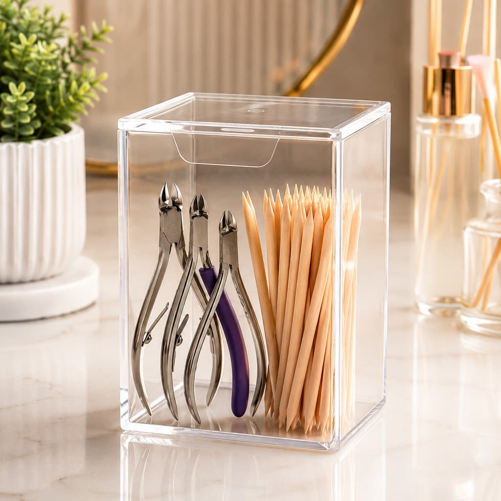 Caixa Organizadora em Acrílico Transparente com Tampa, Alicates, Palitos e Acessórios de Manicure