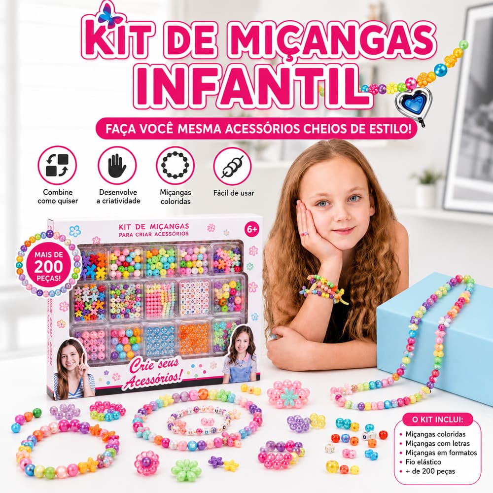 Kit de Miçangas Infantil Pulseiras e Colares +200 Peças