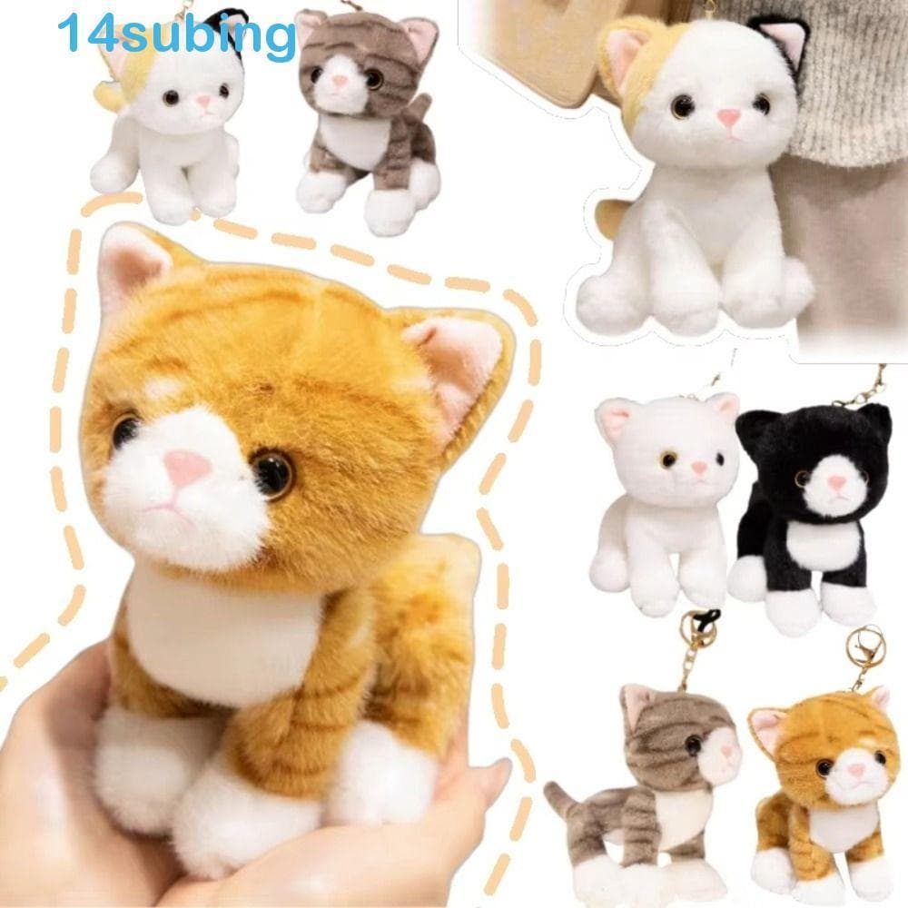 SUBING Boneca De Gato Simulada , Animal De Pelúcia Branco Cinza Gatinho Brinquedo , Chaveiro Kawaii De Desenho Animado