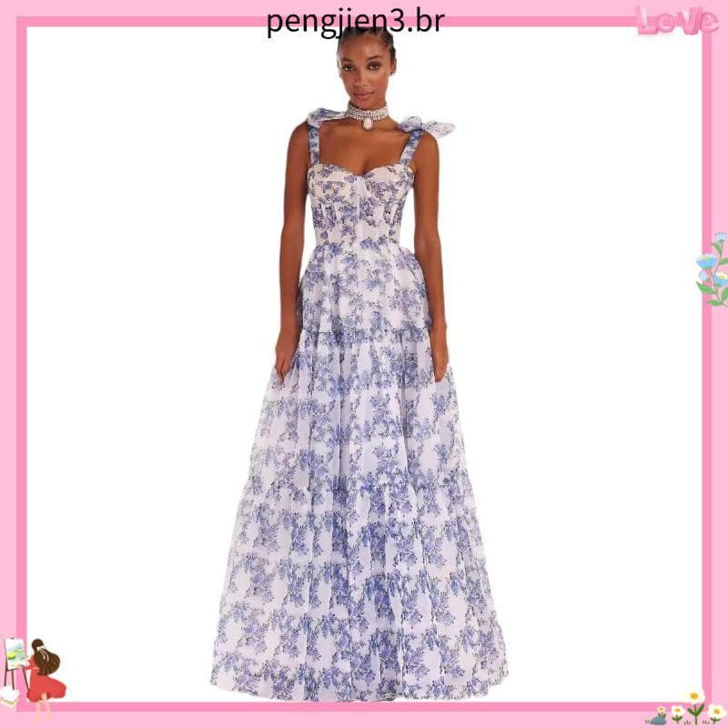 Me Elegant Blue Print Lace-up Maxi Dress Women Fashion Square Colarinho Sem Mangas Vestidos De Cintura Alta Festa Para