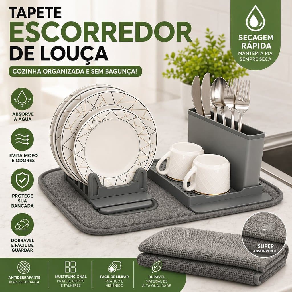 Tapete Escorredor De Louça Absorvente Antiderrapante Com Porta Talheres Secagem Rápida 41x33cm