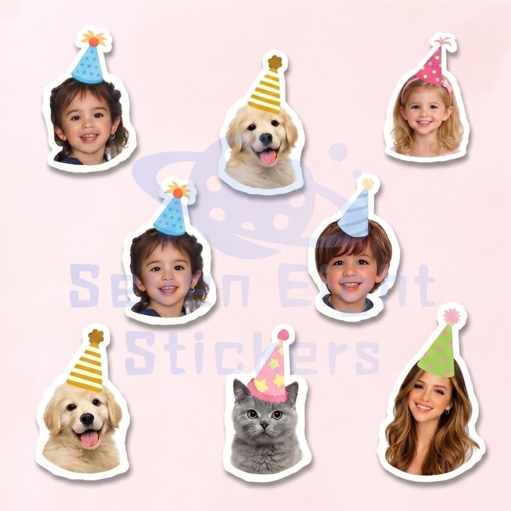Adesivos Brilhantes À Prova D'água Para Rosto Personalizado | Etiquetas Fotográficas De Chapéu De Festa De Aniversário P