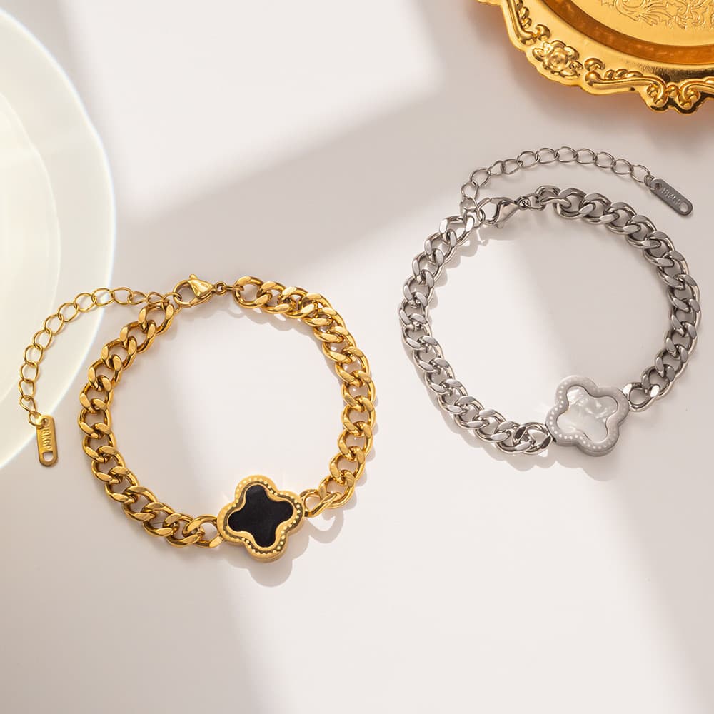Pulseira HT de dupla face com trevo de quatro folhas, em aço titânio, moda feminina, joia de aço com corrente grossa est