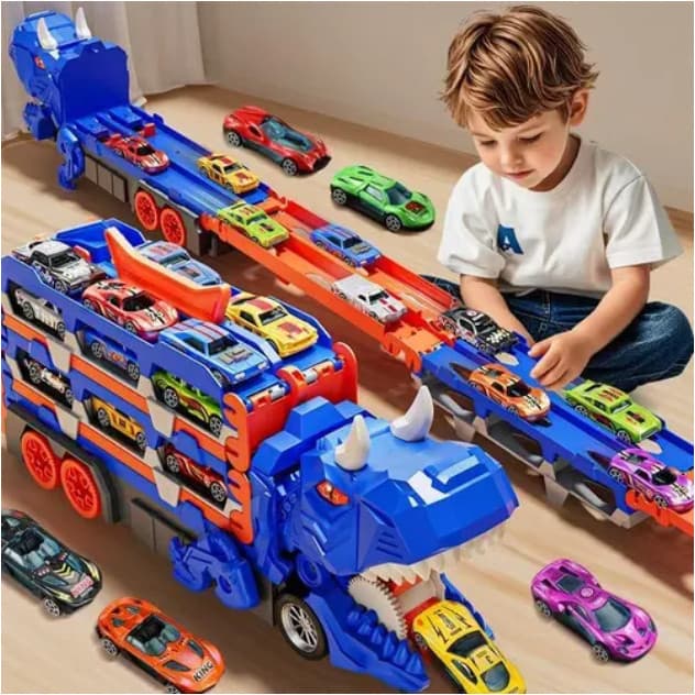 Caminhão Dinossauro 4 em 1 Engole Carrinhos com 6 Carrinhos de Fricção Brinquedo Educativo Interativo Presente Infantil