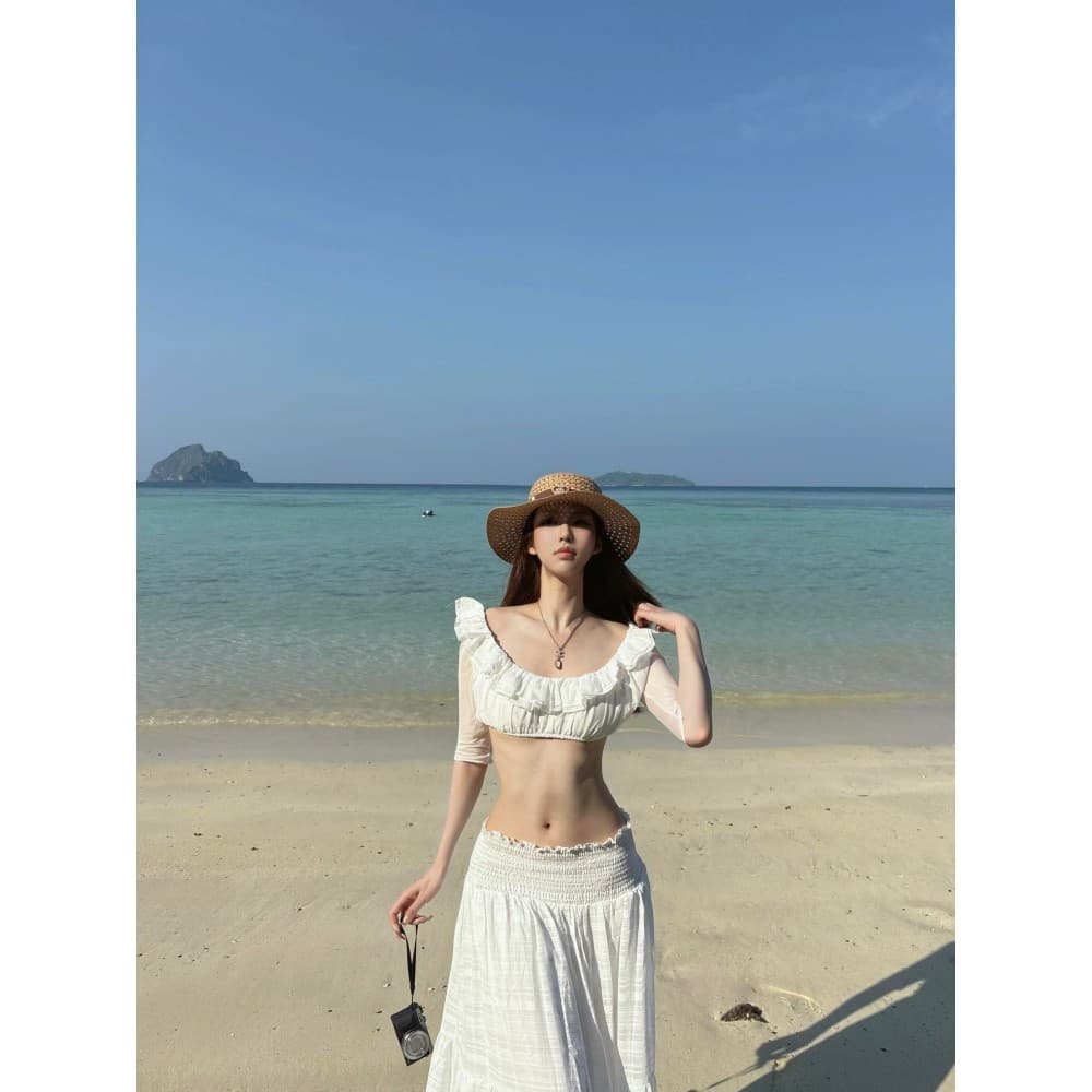 NALYSA Shenzhen High Goods ~ Estilo de férias francês Top branco com babados + saia de bainha grande de cintura alta ter