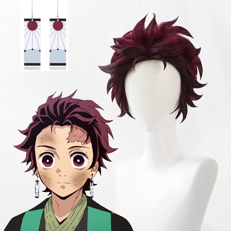 Caçador De Demônios : Kimetsu no Yaiba Tanjiro Kamado Cosplay Peruca Curta Castanha Resistente Ao Calor Perucas + Brinco