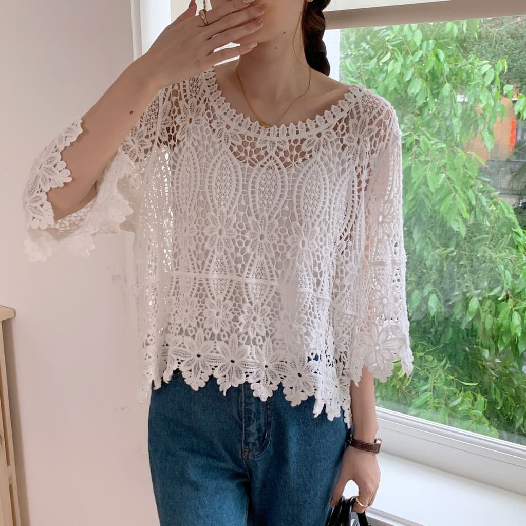 Estilo boêmio crochê oco malhas verão feminino novo estilo Plus Size gordura mm meia manga blusa exterior topo