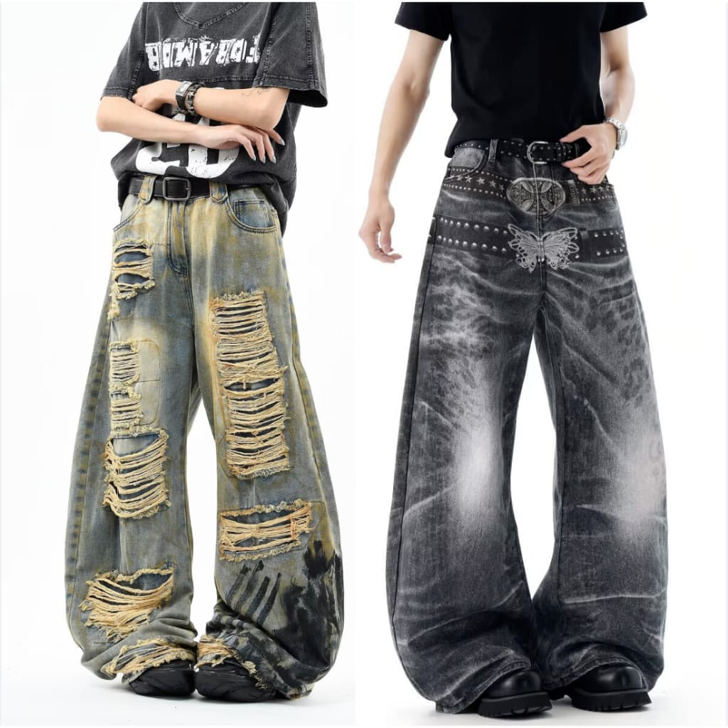 2026 Calça jeans Folgada Hip hop Americano Solto Perna Larga
