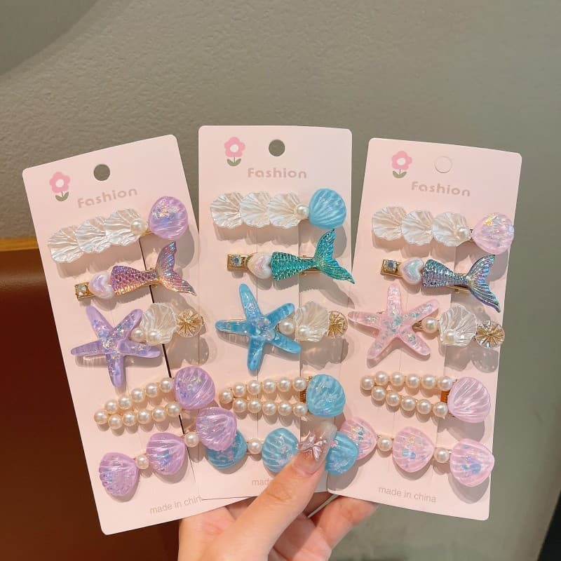 Meninas concha grampo de cabelo conjunto sereia cauda Hairpin crianças franja clipe princesa bebê lado clipe acessórios