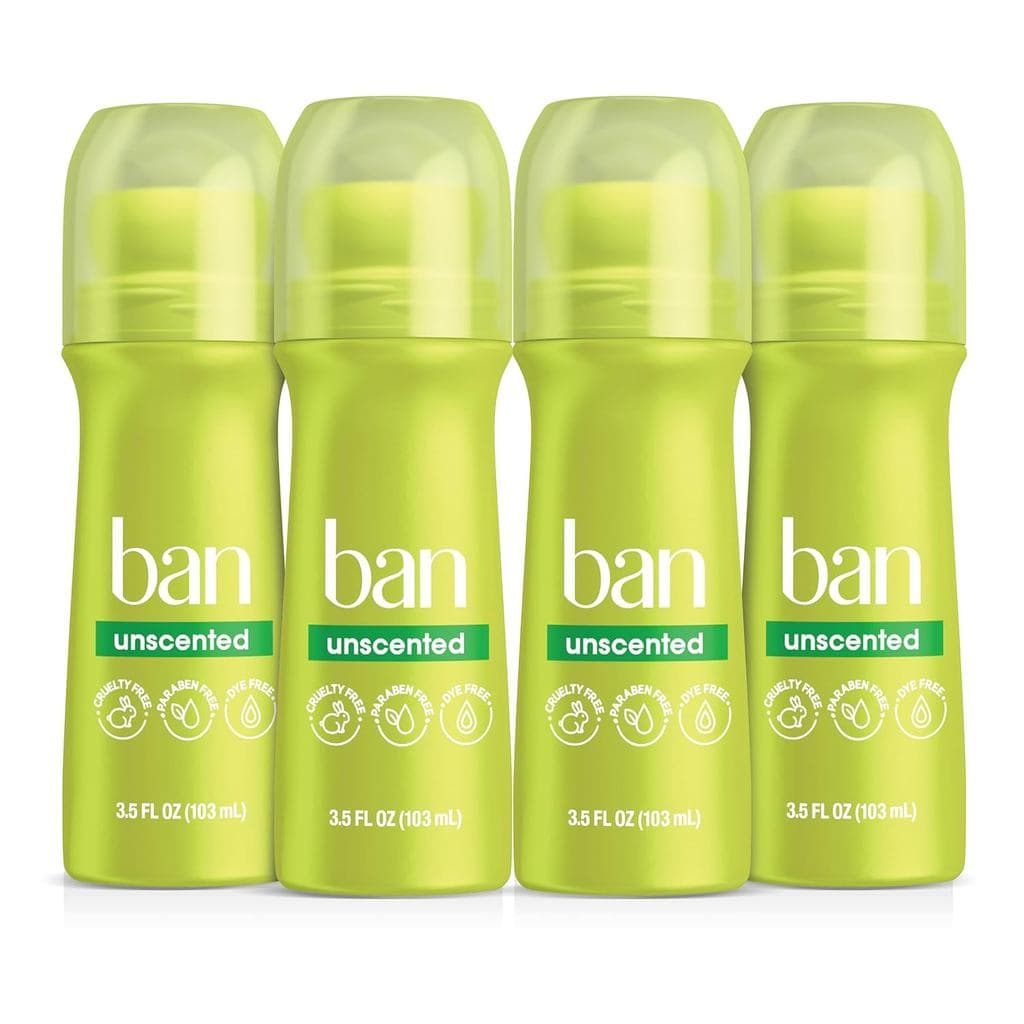 Desodorante Antitranspirante Invisível Ban Original Sem Perfume, 24 Horas, Roll-on de 3,5oz, Pacote com 4, Proteção Cont