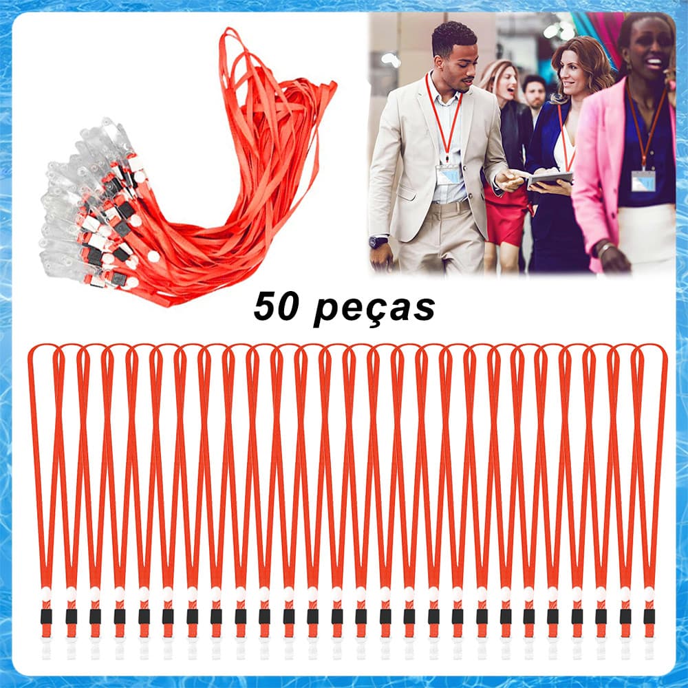 Pacote com 50 cordões segurança para crachás de identificação,cordão liberação rápida com clipe,Vermelho,45 cm