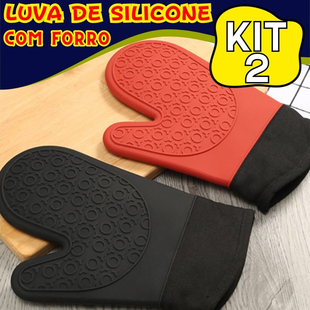 Kit Luvas de Silicone Com Forro Premium P/ Forno Térmica Anti-Queimaduras 230ºC