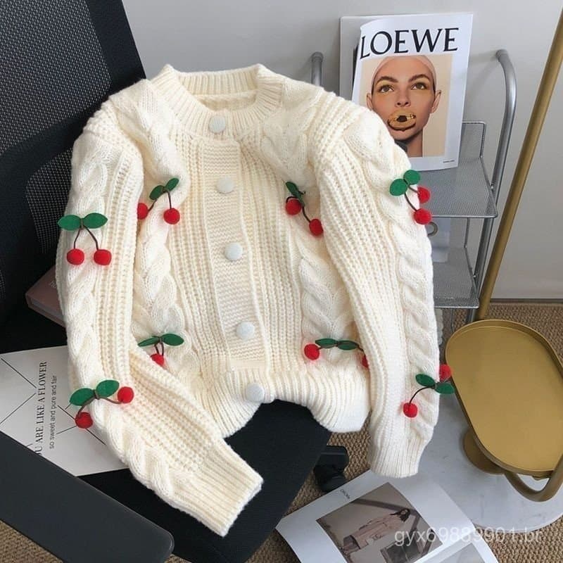 Elegante Cardigã de Malha Vintage para Escritório, Suéter Tridimensional Torcido Novo para Outono Inverno