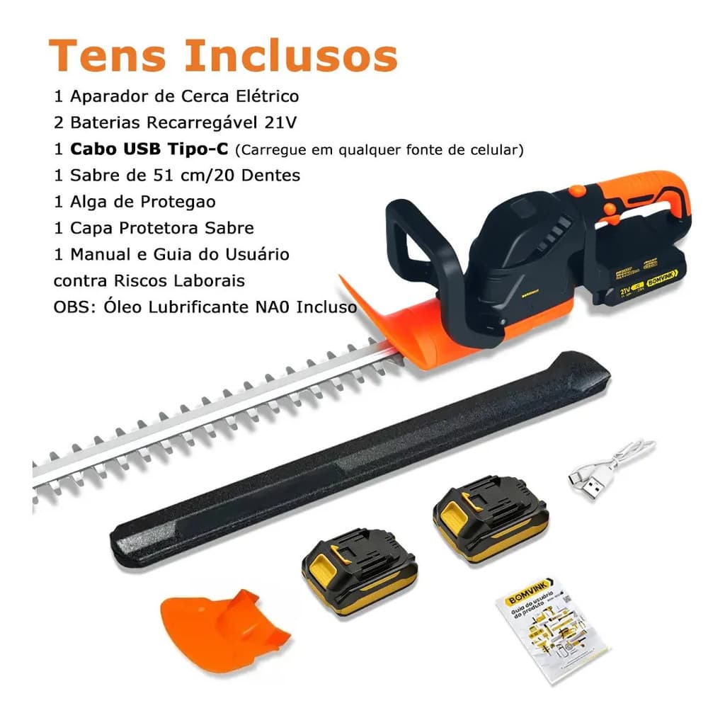 Aparador de Cerca Viva 51cm 1000W Podador a Bateria 21V (2 Baterias), Motor Eficiente
