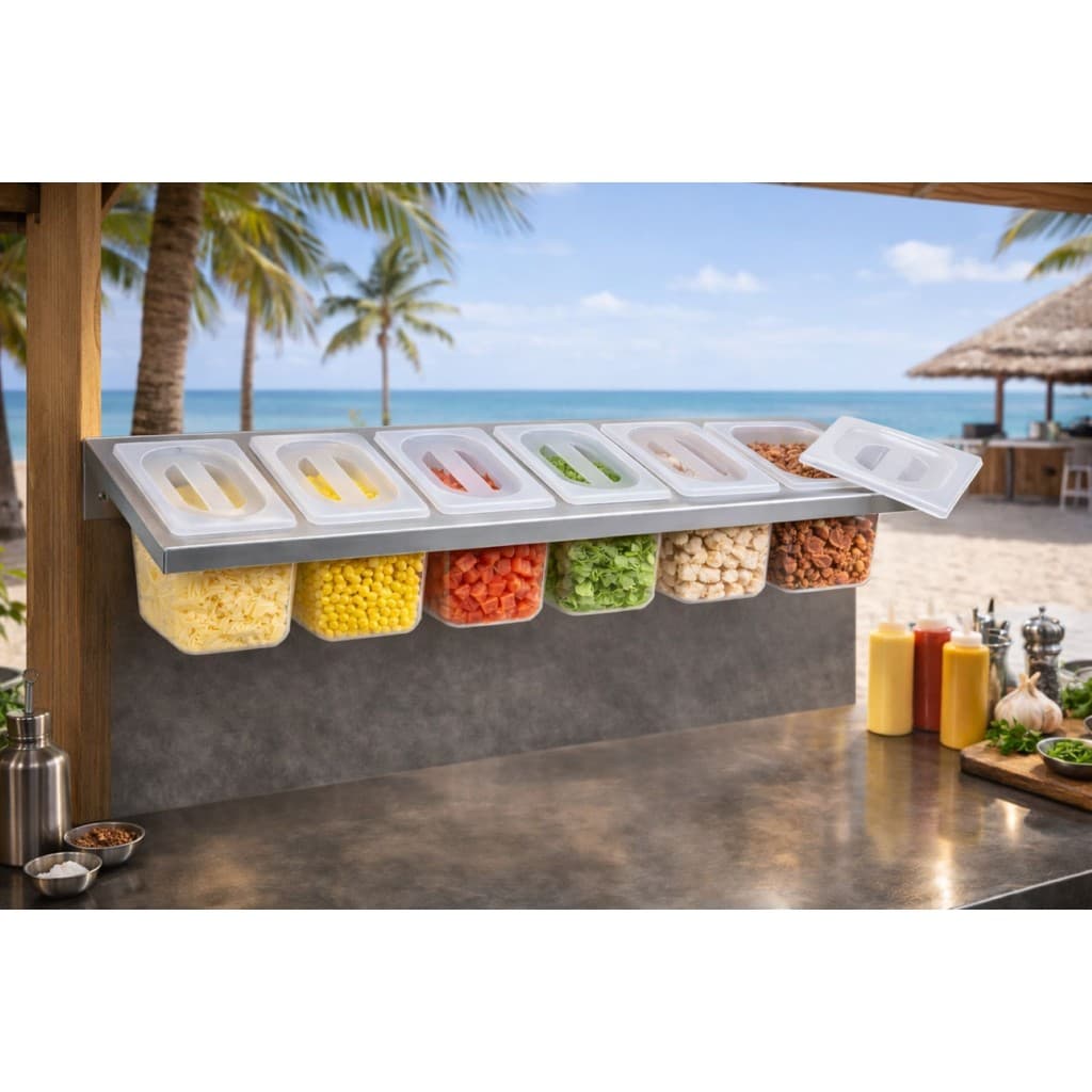 Condimentadora Inox 6 Cubas Organizador Porta Molhos e Ingredientes Pizzaria Hamburgueria Lanchonete Top