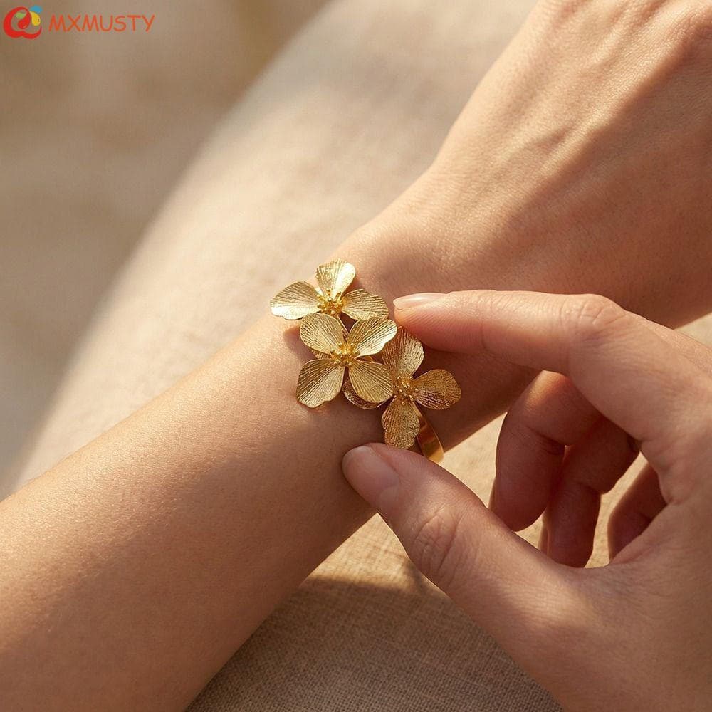 Pulseira De Punho De Flor MXMUSTYZA , Pulseiras Elegantes Vintage De Metal Da Moda , Braço Aberto Cor Dourada