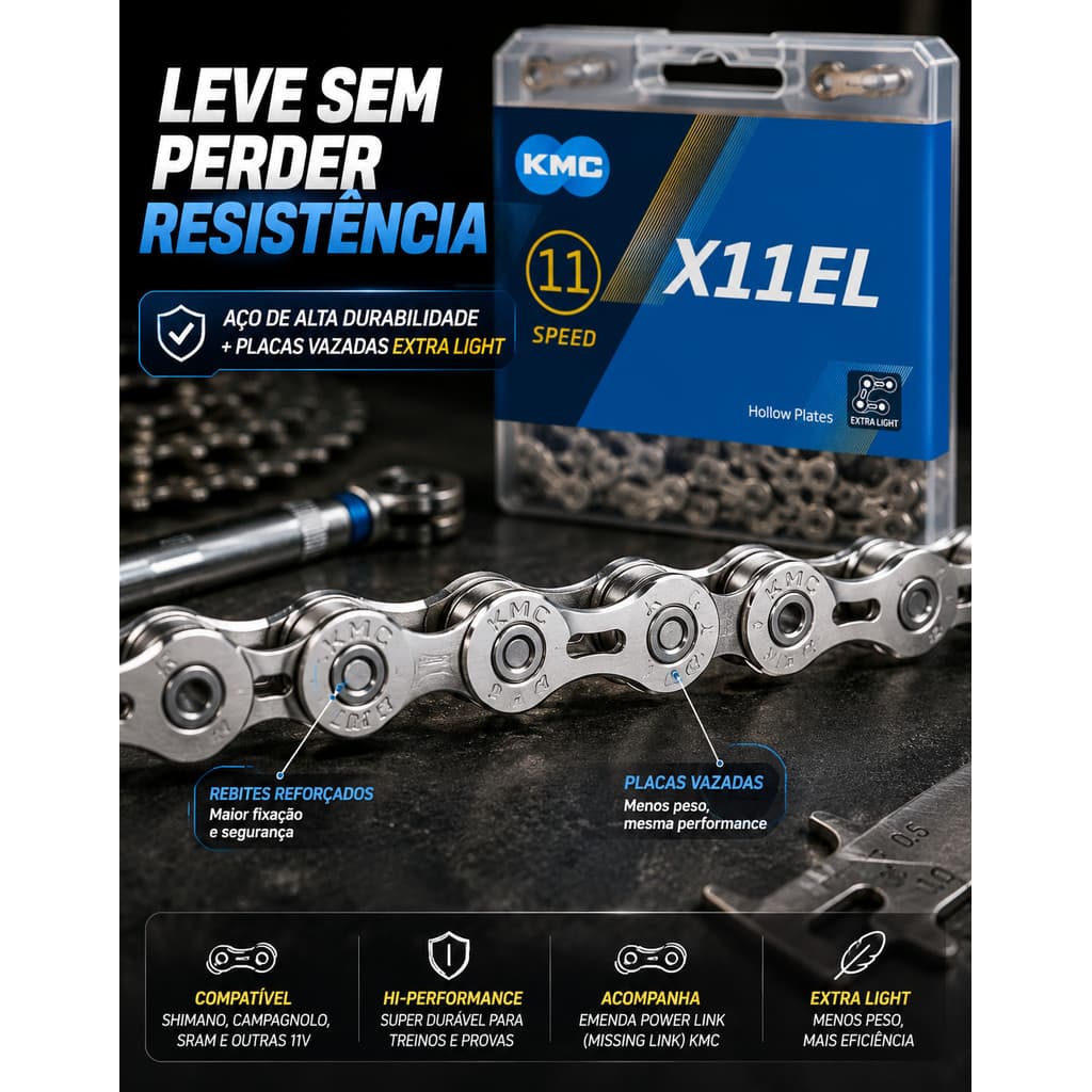 Corrente Kmc 11v X11EL Silver 118 Elos Vazada Extra Leve Mtb Speed Compativel Shimano Sram