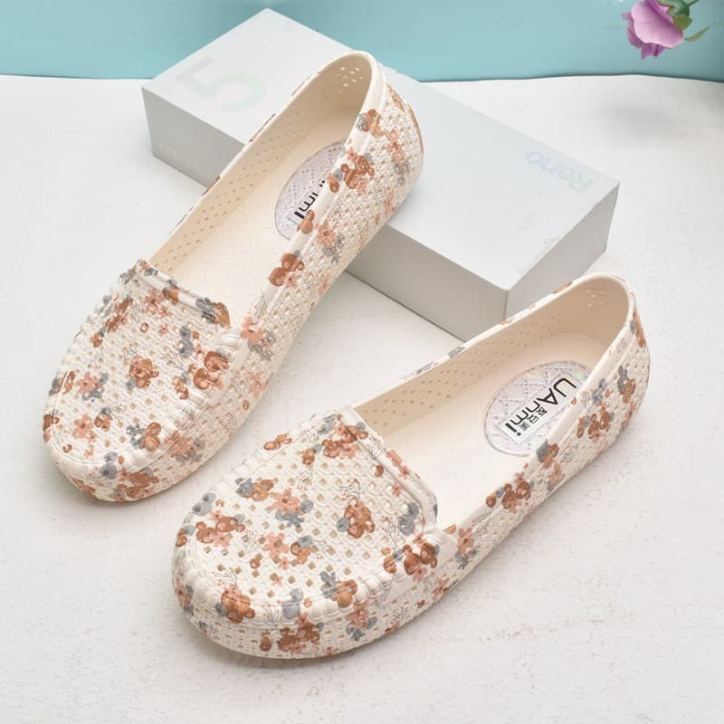 Verão feminino impresso sandálias de salto de sola plana feminino plástico sapatos de sola macia buraco Casual feminino