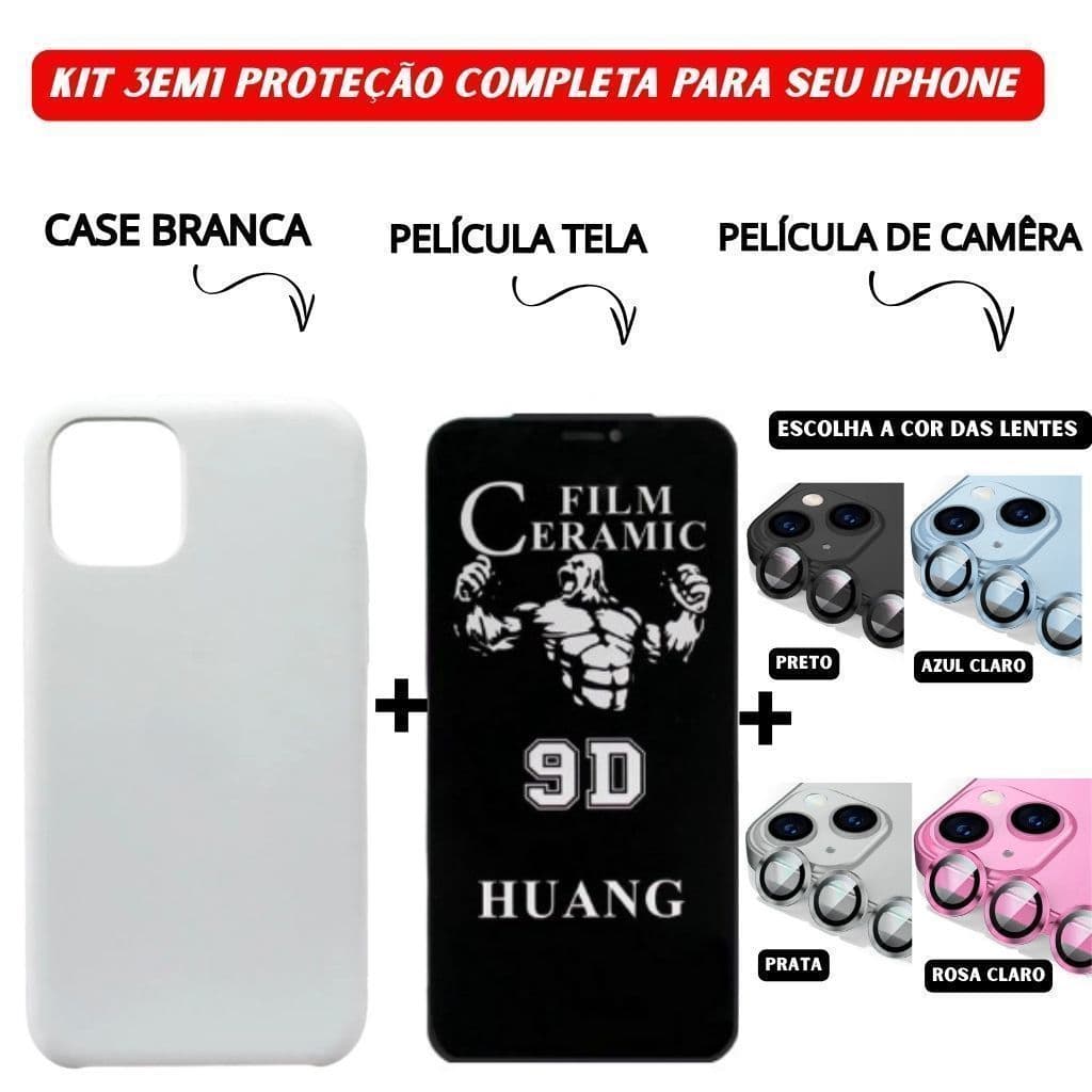 Kit 3em1 Case Branca + Película Cerâmica Privacidade + Película Câmera Colorida Para iPhone 11 12 13 14 15 16 Pro Max