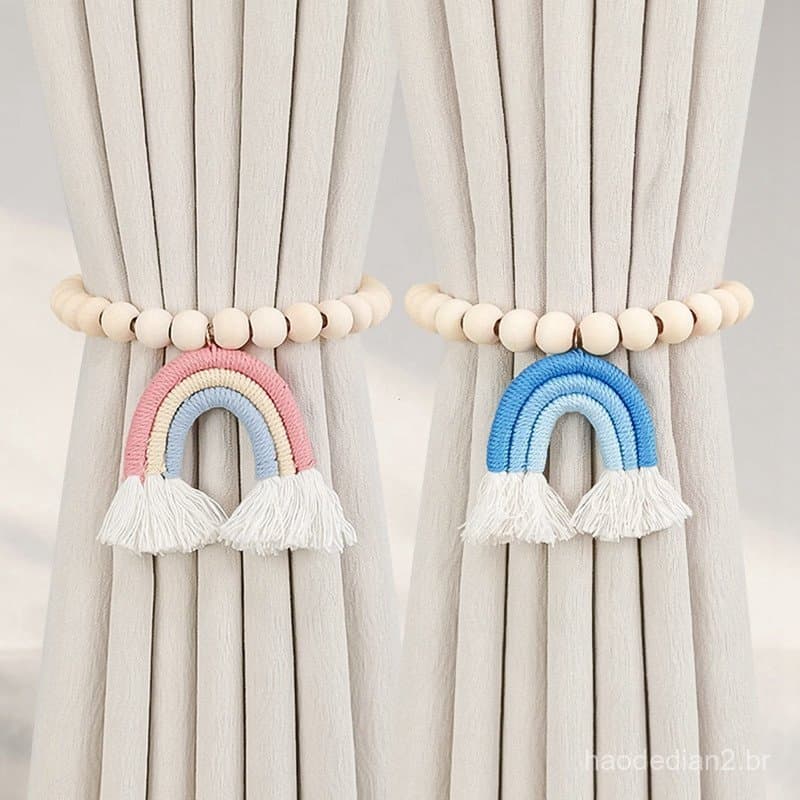 2 Peças de Prendedores Magnéticos para Cortinas, Suportes Arco-Íris com Contas de Madeira Natural XTUA