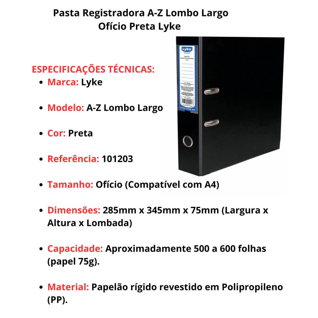 Pasta Registradora A-Z Lombo Largo Ofício Preta Lyke