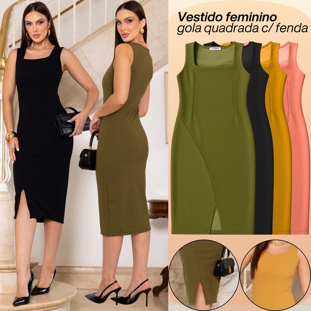 Vestido Feminino Midi Gola Quadrada Alça Larga Fenda Central Com Pregas Tendencia Verão
