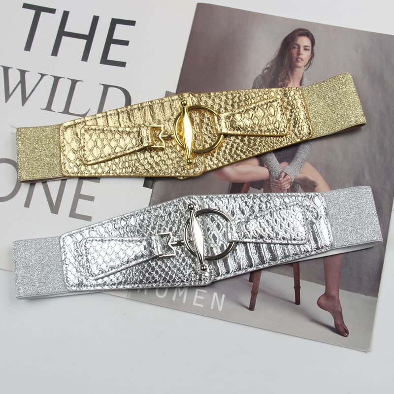 Estilo europeu americano couro envernizado padrão de crocodilo padrão de cobra feminino elástico decorativo cinto largo