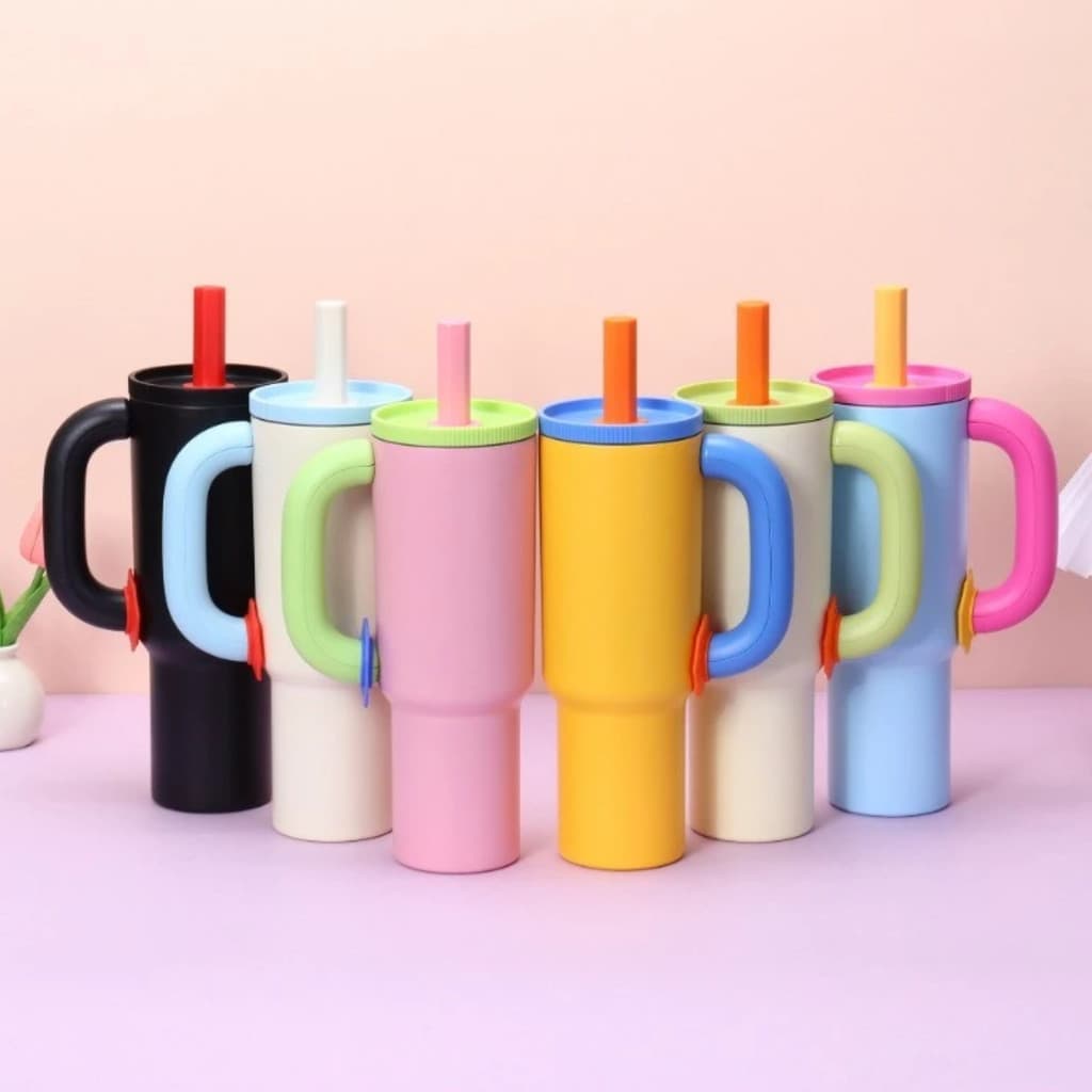 Copo Térmico Grande Garrafa Divertida 1200ml com Alça e Canudo Antivazamento Colorido Quente/Gelado