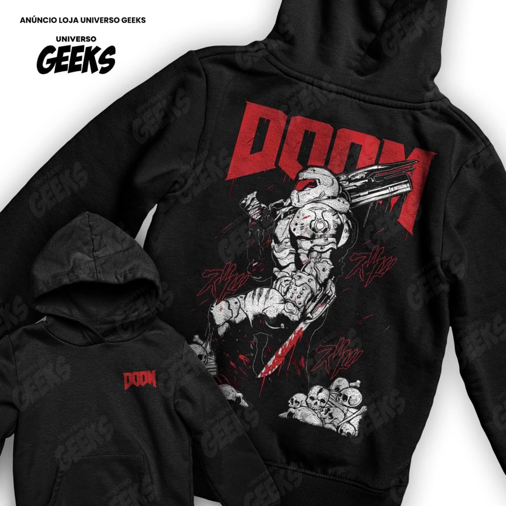 Moletom Doom Slayer Eternal Bethesda Gamer Jogos De Tiro FPS Frente E Verso Blusa De Frio