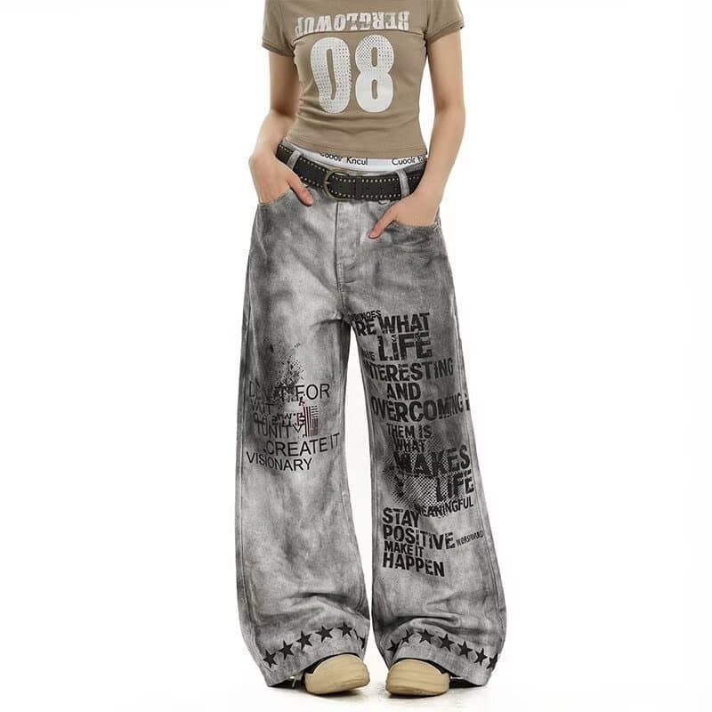 jeans Sujos Com Estampa De Letras Desgastadas Estilo Americano , Calças Unissex Soltas De Pernas Largas , Nicho des