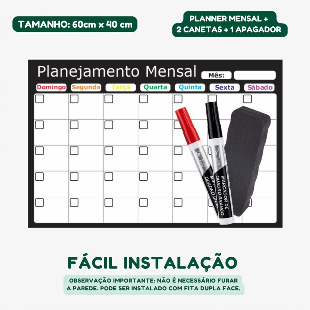 Planner Mensal 60x40cm Organizador de Rotina + 2 Canetas + Apagador + Kit Instalação Planner 2026