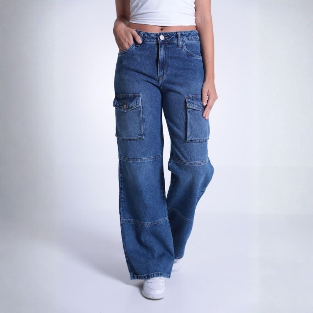 Calça Jeans Wide Leg Bolso Cargo Com Recorte Feminino Revanche Mônaco
