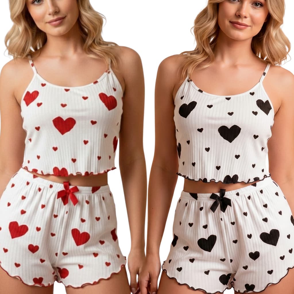 Kit 2 Pijamas Baby Doll Feminino Coração Short Doll Fresquinho Confortável Verão Inverno