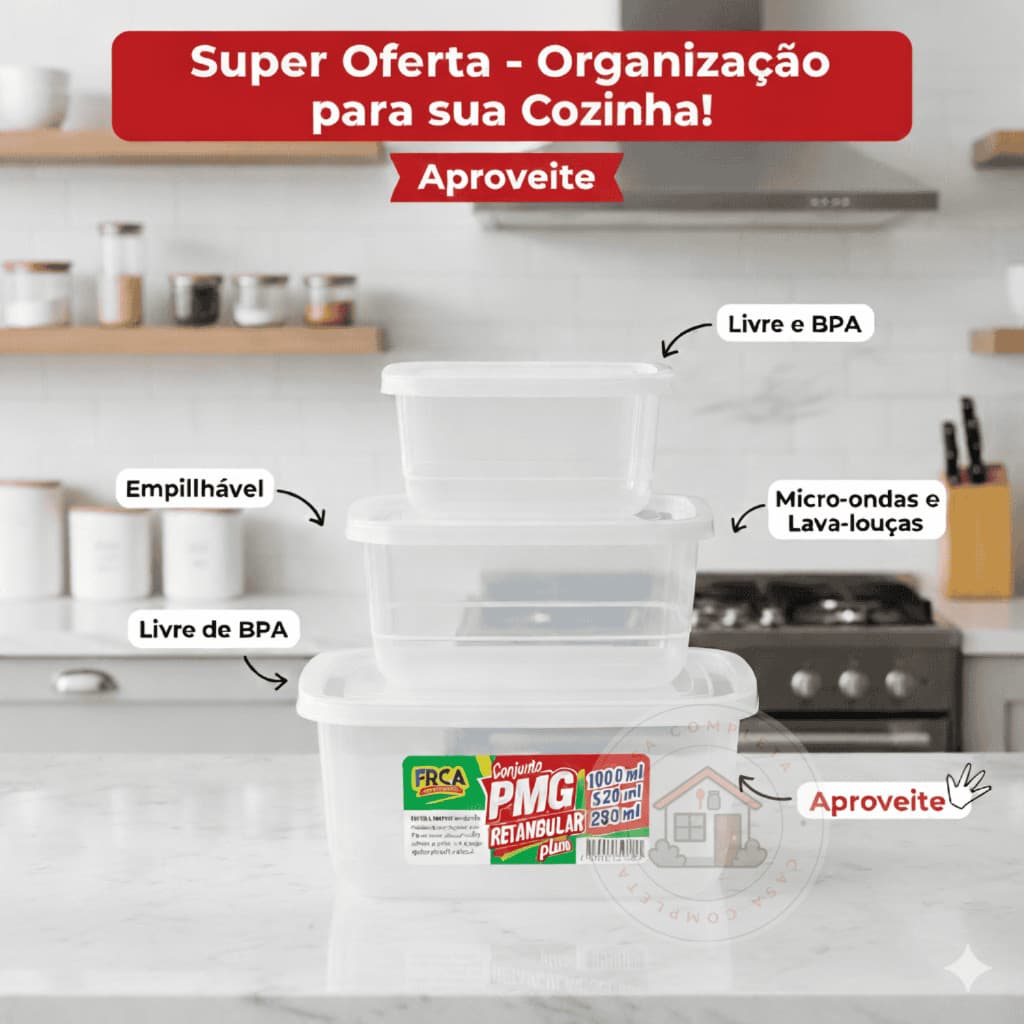 Conj. Pote PMG Retangular PMG Prime Transparente. - 260ml / 520ml / 1000ml