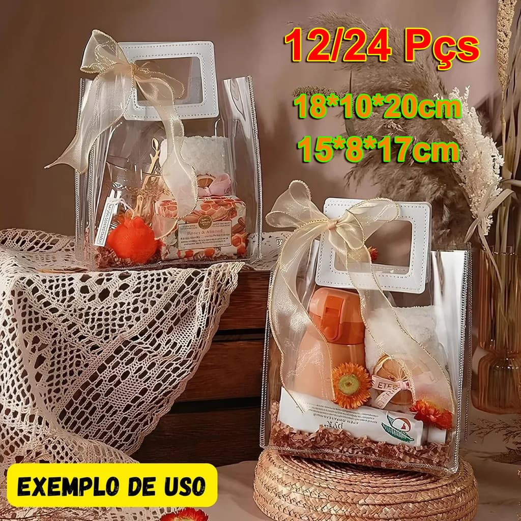 12/24 Sacolas de Presente em PVC Transparente com Alça de PU Reforçada para Casamento e Lembrancinhas