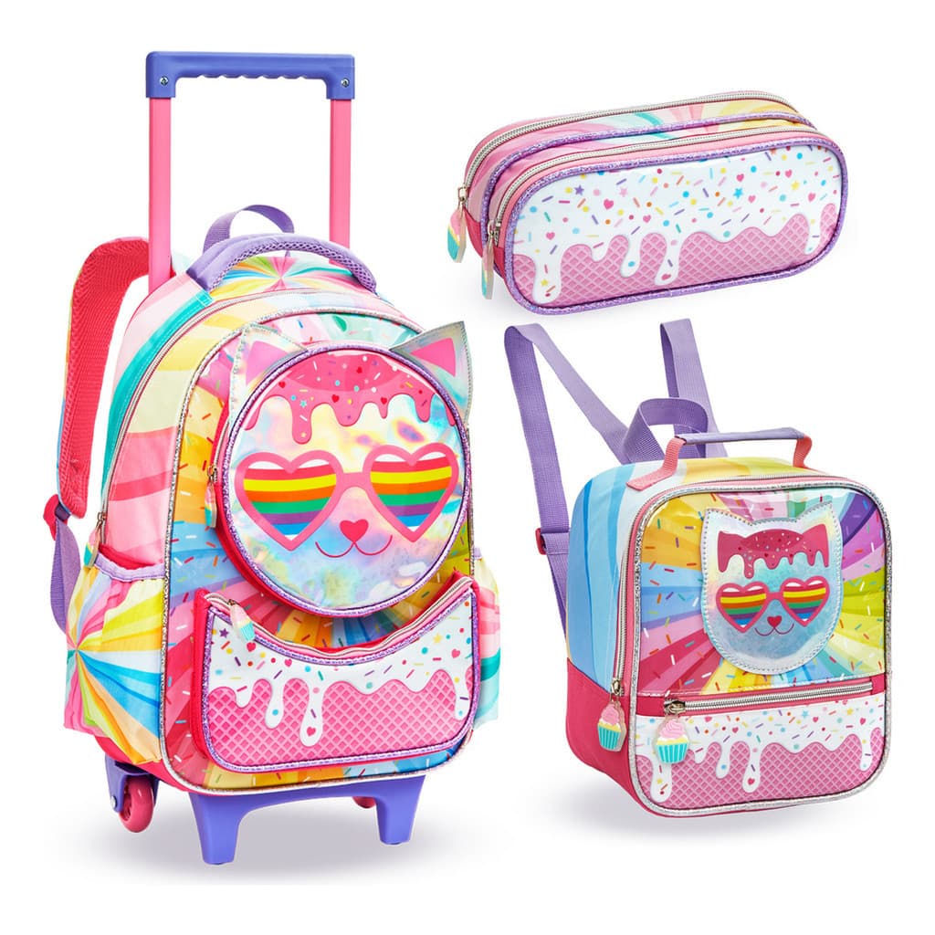 Mochila Escolar Infantil Rodinhas Gatinha Lancheira Estojo