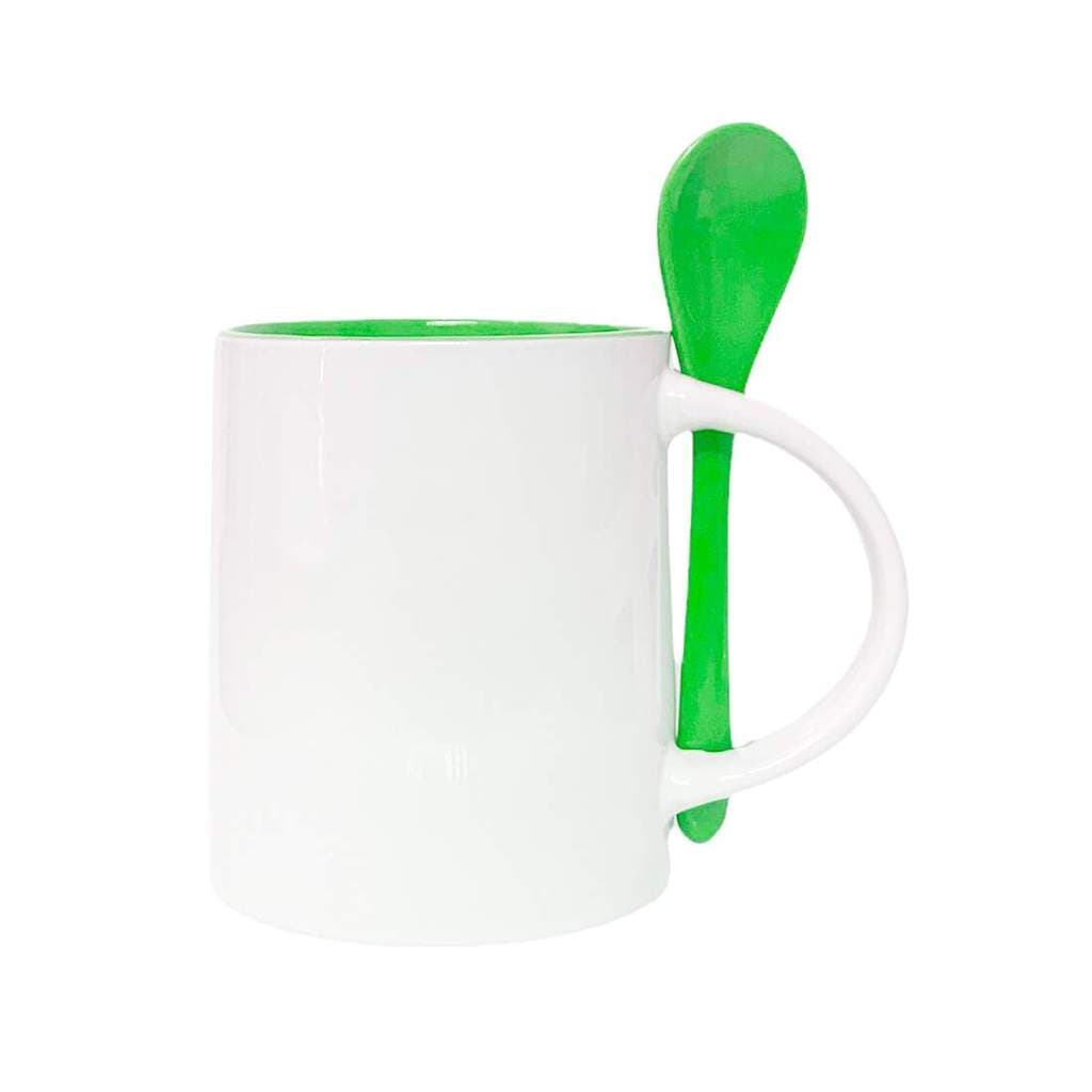 Caneca de Cerâmica Reta com Interior e Colher Verde para Sublimação - 325ml