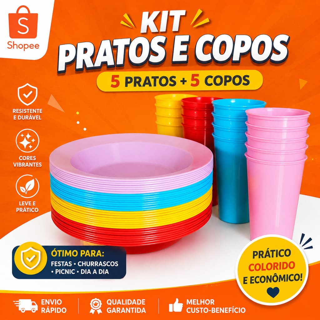5 kit prato + copo cores vivas resistente não quebra servir bolo festa refeição aniversario escola