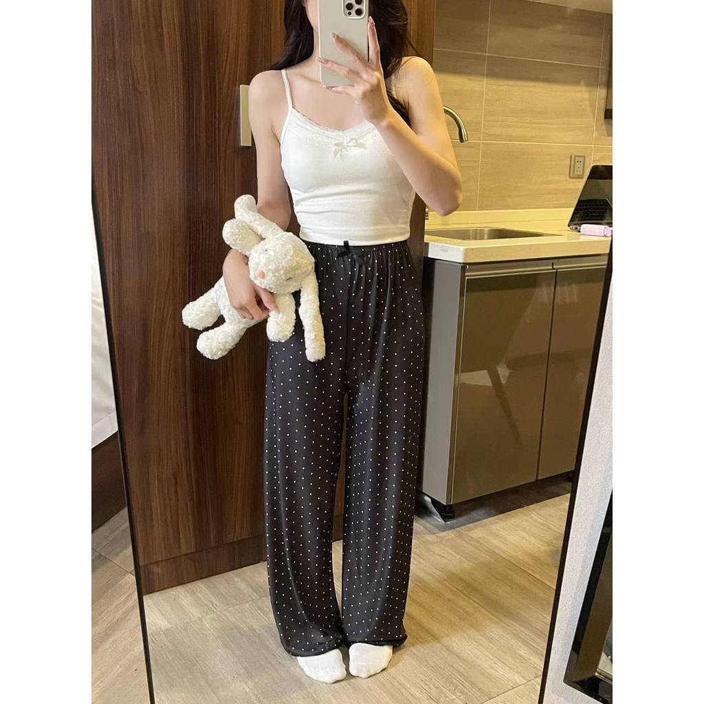 Estilo coreano doce Floral calças casuais femininas primavera outono novo estilo rosqueado seda gelo solto All-Match mai