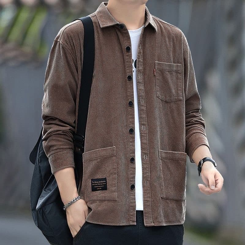 Outono inverno veludo camisa de manga comprida masculina fino ajuste Casual Workwear Multi-bolso resistente ao desgaste
